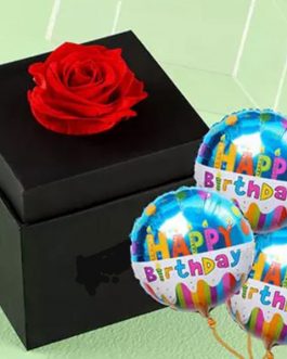 red rose in 4'' box with birthday balloon