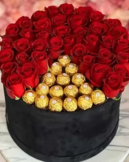 Imported Red Roses and original Italian Ferrero Rochers in round hatbox - theflowers.pk
