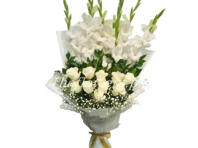 Featuring with 10 white Gladiolus, 10 south African white Roses and 1 baby's breath - Theflowers.pk