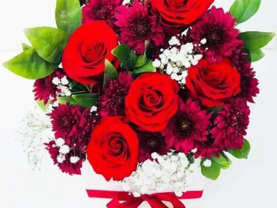 Red Roses, Imported purple chrysanthemum and Gypsophila